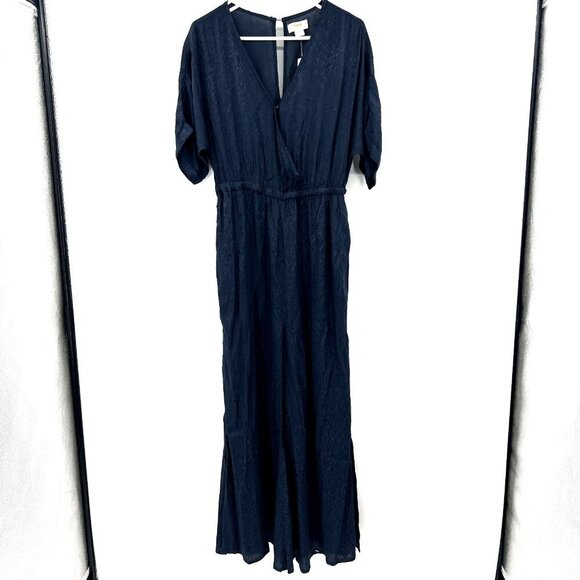 NWT Anthropologie Maeve Navy Blue Leopard Print Satin Wide Leg Jumpsuit Small - Picture 1 of 9